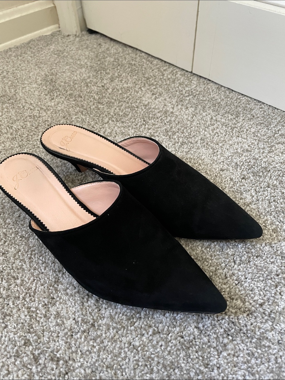J. Crew Pointed-Toe Kitten Heel Mules Black suede 1.75” heel Sz 7.5